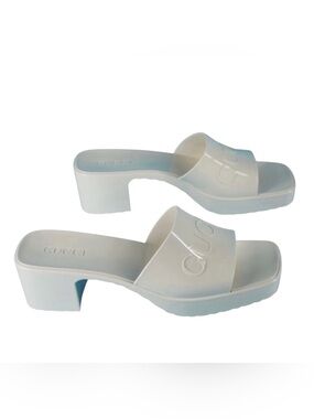 Gucci Rubber Raised Logo 2.5" Block Heel Platform Sandals, Size 40
